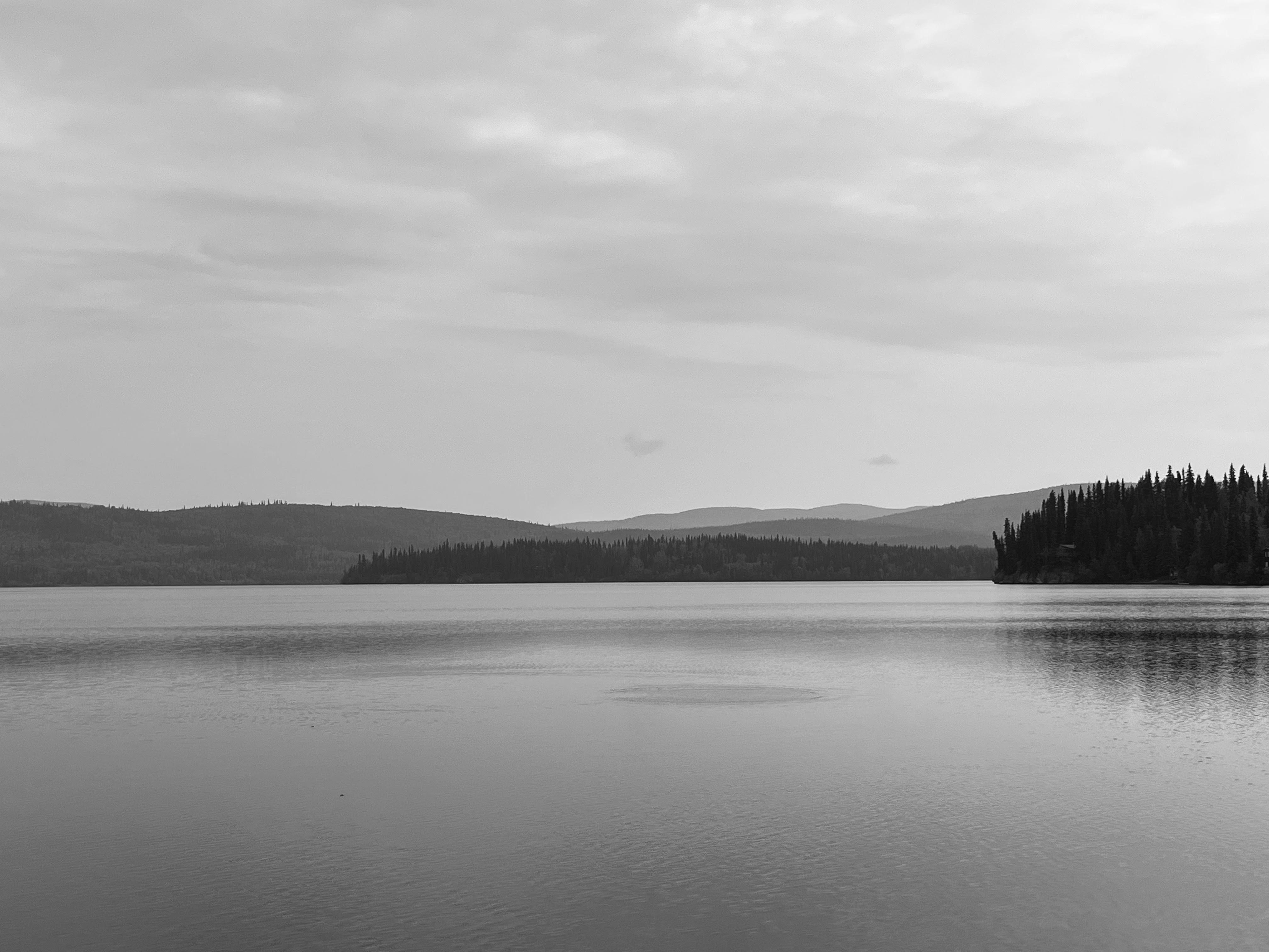 Black and white photo of a calm lake disturbed only by a ring of spreading ripples. The lake is surrounded by vast evergreen forest and low, rolling mountains meet an overcast sky in the distance.