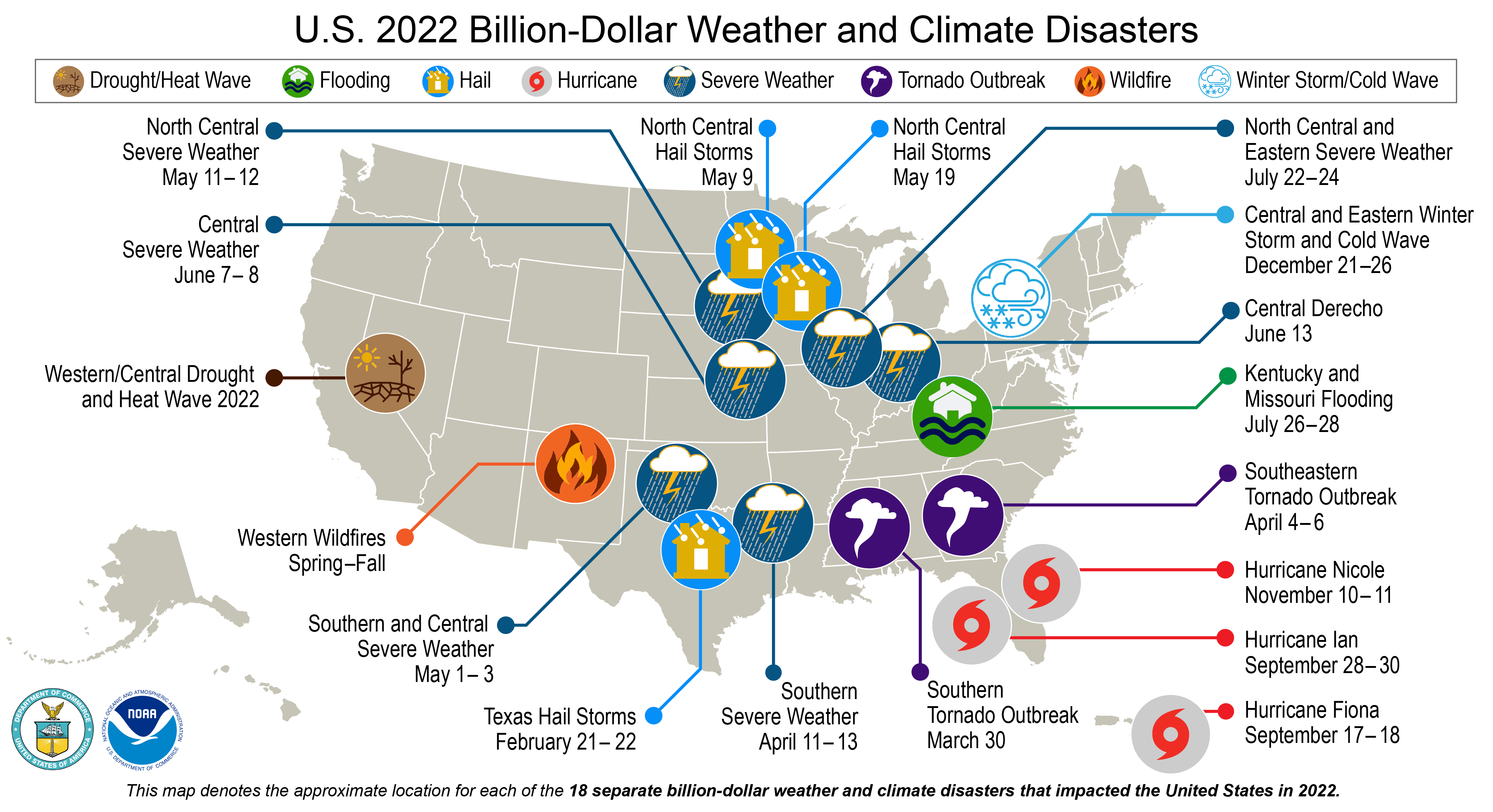 Mapa de los EE. UU. Trazado con 18 desastres de miles de millones de dólares separados que ocurrieron en 2022.