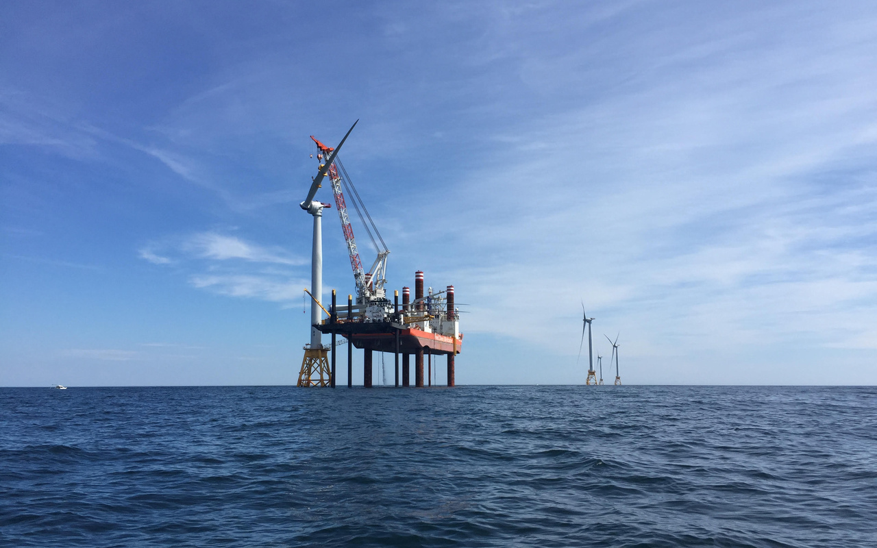 Construction of an offshore wind turbine in the Block Island Wind Farm.