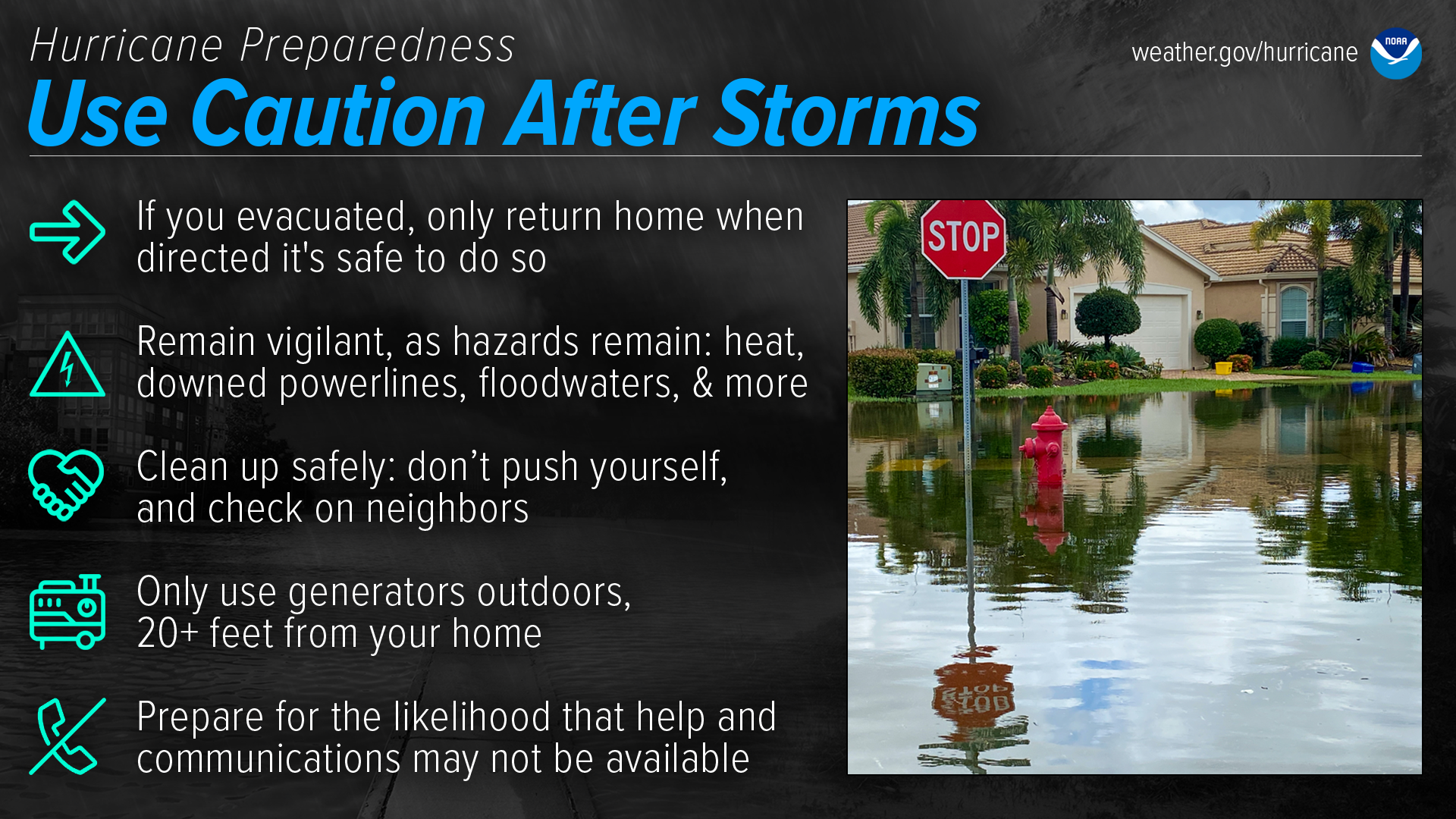 Hurricane Preparedness - Use Caution After Storms. If you evacuated, only return home when directed that its safe to do so. Remain vigilant, as hazards remain: heat, downed power lines, floodwaters, and more. Clean up safely: don't push yourself, and check on neighbors. Only use generators outdoors, 20+ feet from your home. Prepare for the likelihood that help and communications may not be available. (Image credit: NOAA's National Weather Service) 