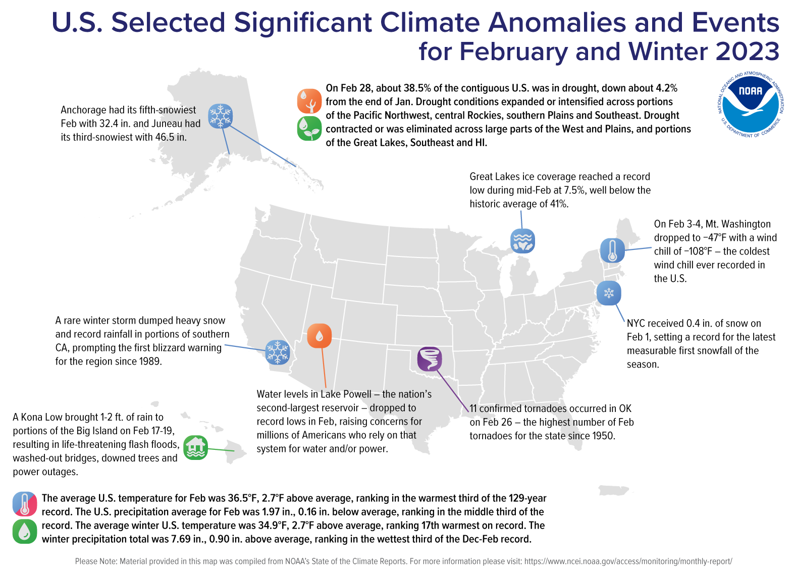 A map of the U.S. plotted with some of the most significant climate events that occurred during February 2023.