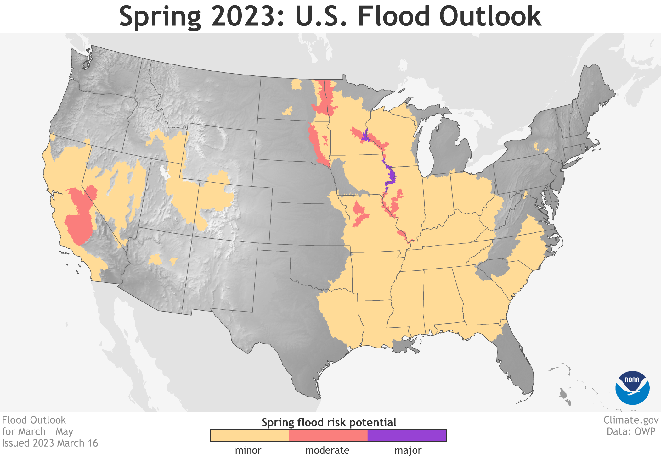 This map depicts the locations where there is a greater than 50% chance of minor to major flooding during March through May, 2023.