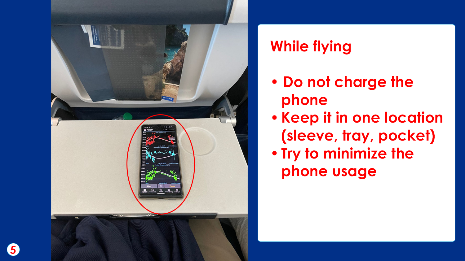 Photo of phone sitting on an airplane tray table with CrowdMag flight mode open. Text reads, While flying: Do not charge the phone, Keep it in one location (sleeve, tray, pocket), Try to minimize the phone usage.