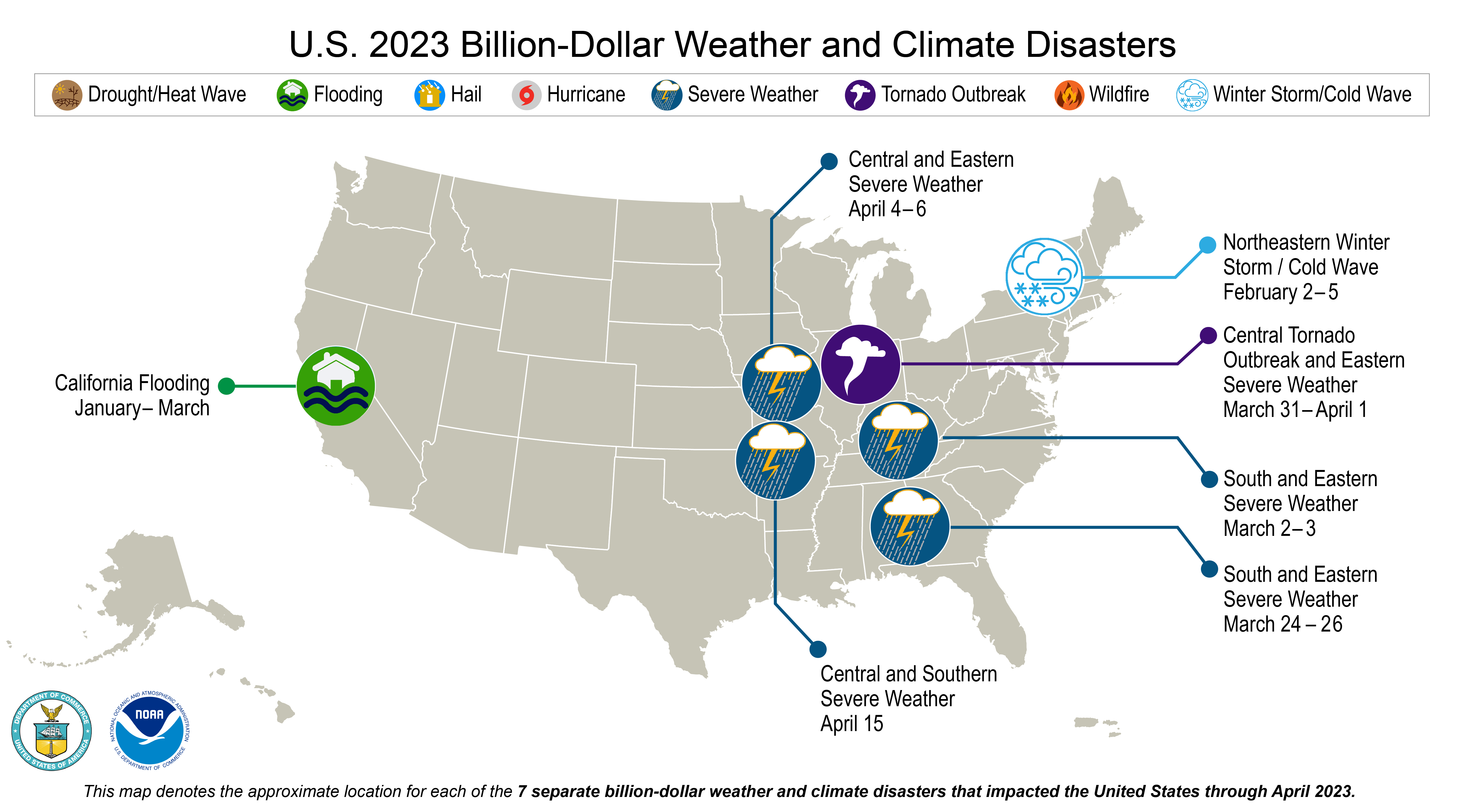  This U.S. map is plotted with seven billion-dollar weather and climate disasters that occurred in the first four months of 2023. For details, please visit the website, ncdc.noaa.gov/billions.   
