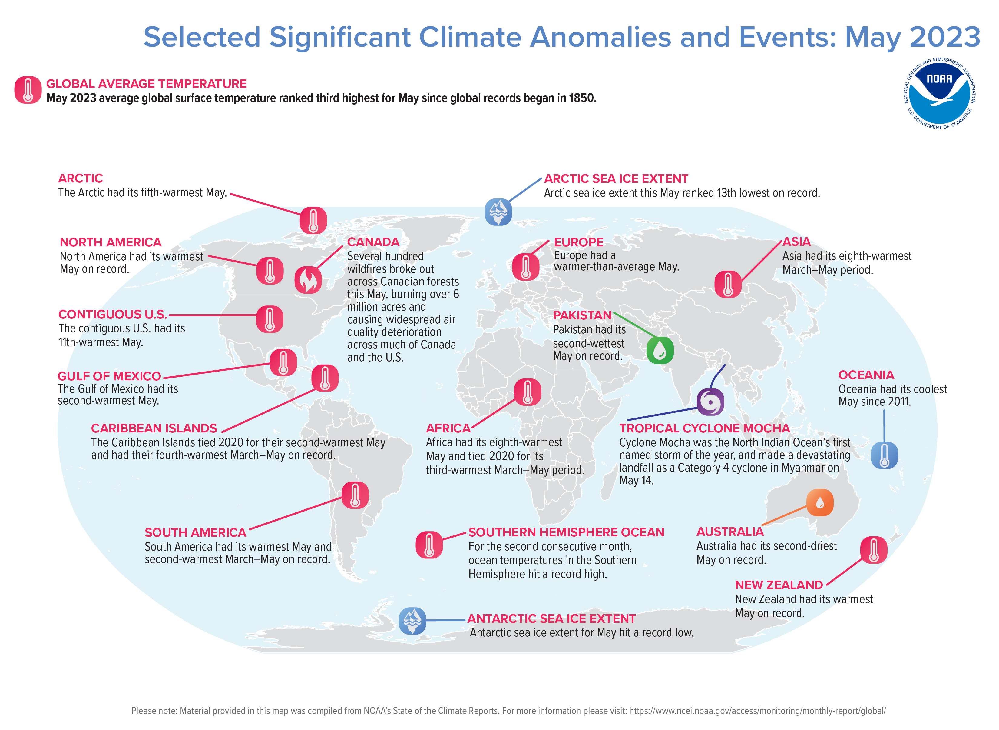 A map of the world plotted with some of the most significant climate events that occurred during May 2023. Please see the story below as well as more details in the report summary from NOAA NCEI at http://bit.ly/Global202305.