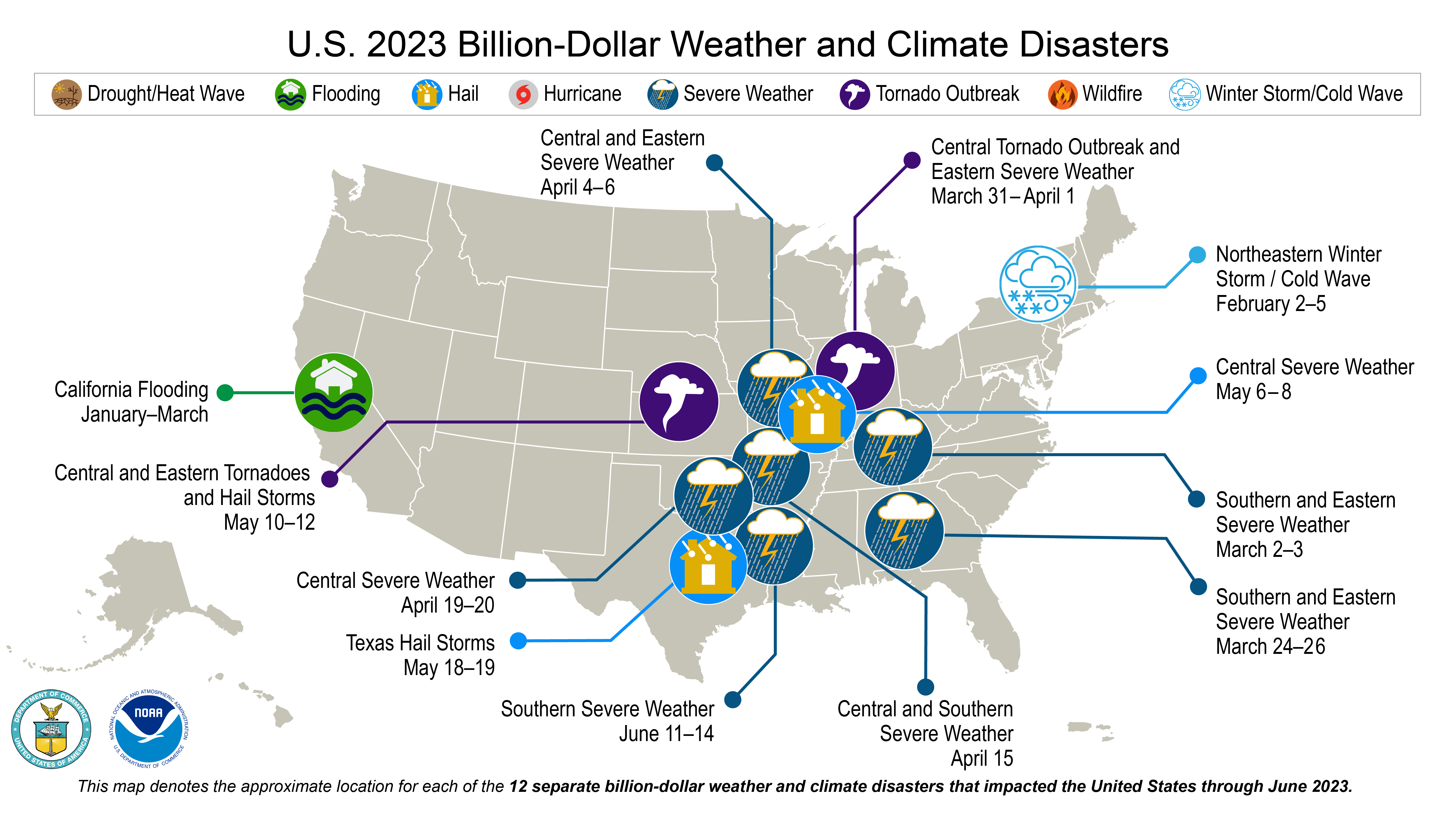 This U.S. map is plotted with 12 separate billion-dollar weather and climate disasters that occurred in the first six months of 2023. For details, please visit ncdc.noaa.gov/billions. 