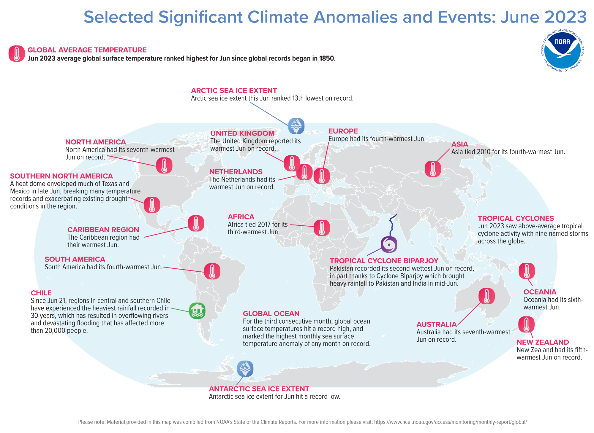 A map of the world plotted with some of the most significant climate events that occurred during June 2023. Please see the story below as well as more details in the report summary from NOAA NCEI at  http://bit.ly/Global202306.