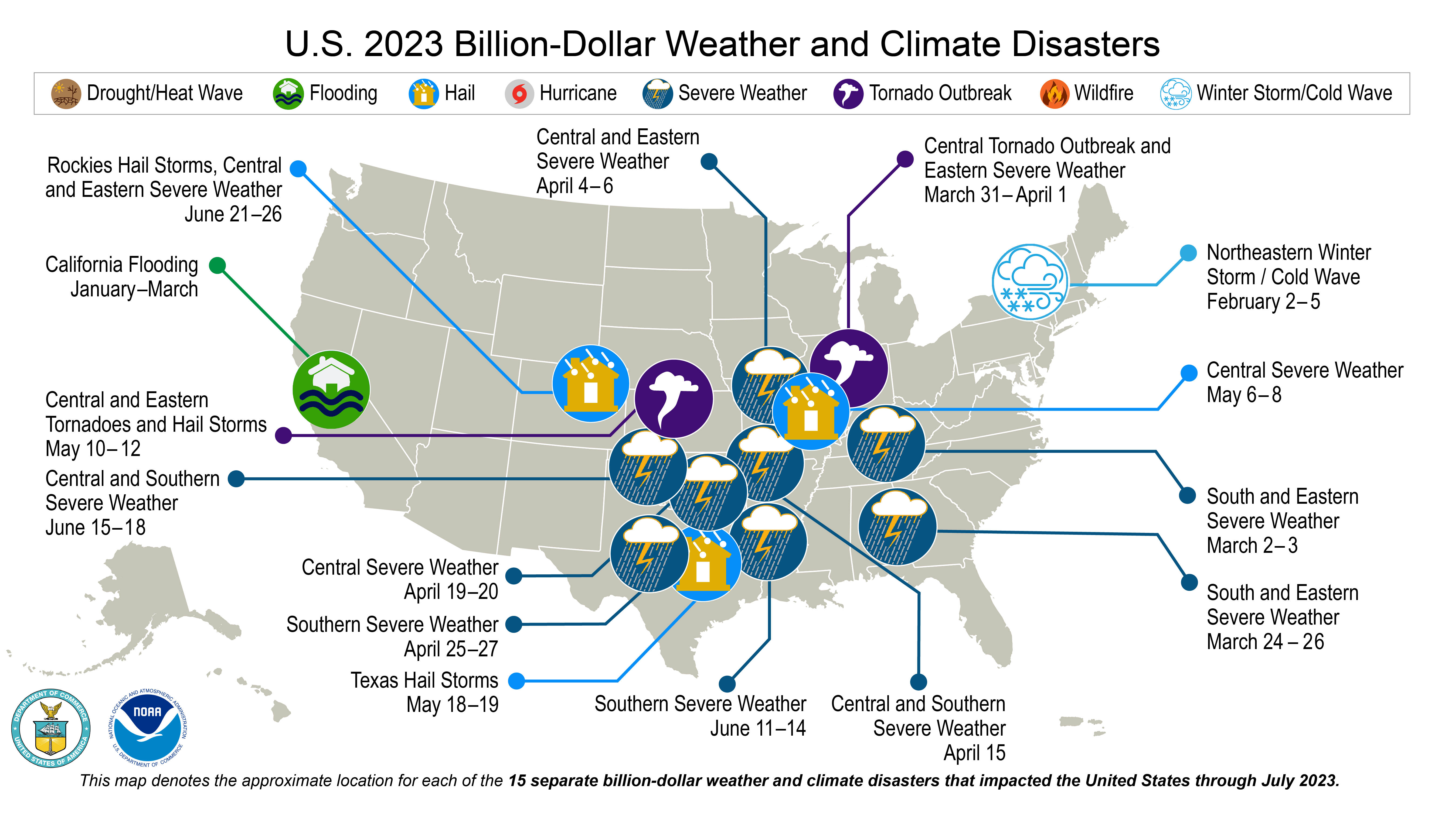 A map of the U.S. plotted with 15 weather and climate disasters each costing $1 billion or more that occurred between January and July, 2023.