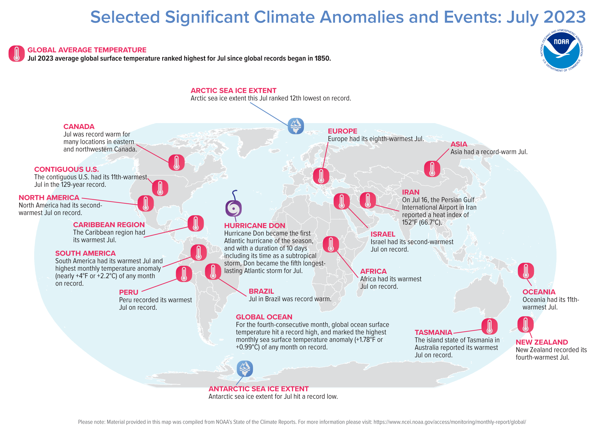 Un mapa del mundo trazado con algunos de los eventos climáticos más significativos que ocurrieron durante julio de 2023. Consulte la historia a continuación, así como más detalles en el resumen del informe de NOAA NCEI en http://bit.ly/Global202307.
