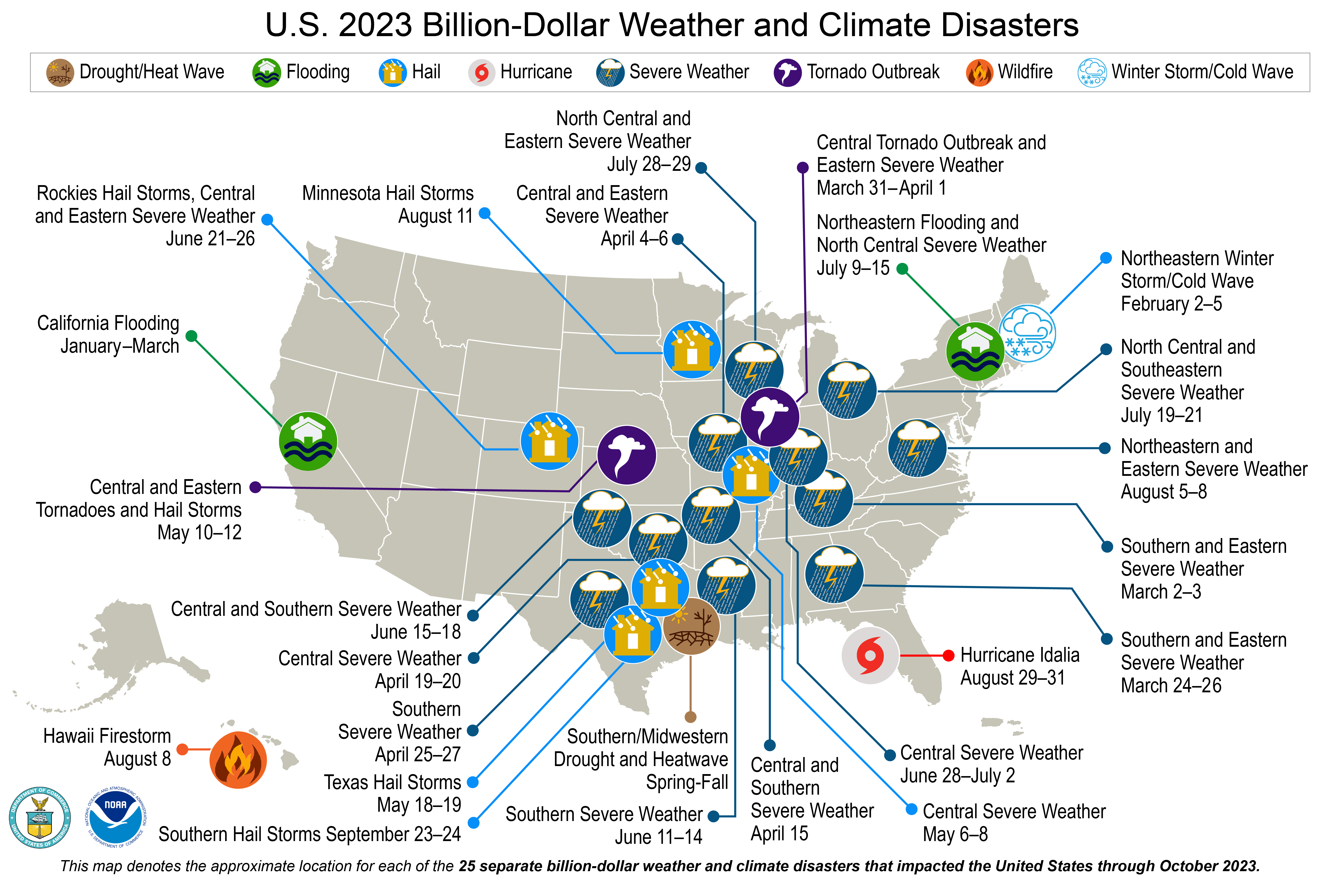 A map of the U.S. plotted with 25 weather and climate disasters each costing $1 billion or more that occurred between January and October, 2023.