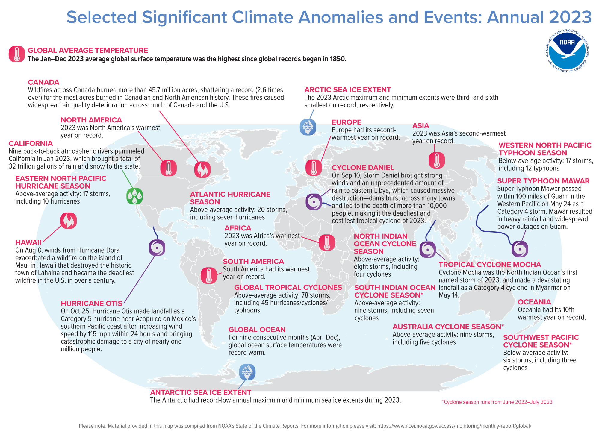 An annotated map of the world plotted with the year's most significant climate events. Please see the story below as well as the report summary from NOAA NCEI at http://bit.ly/Global202312.