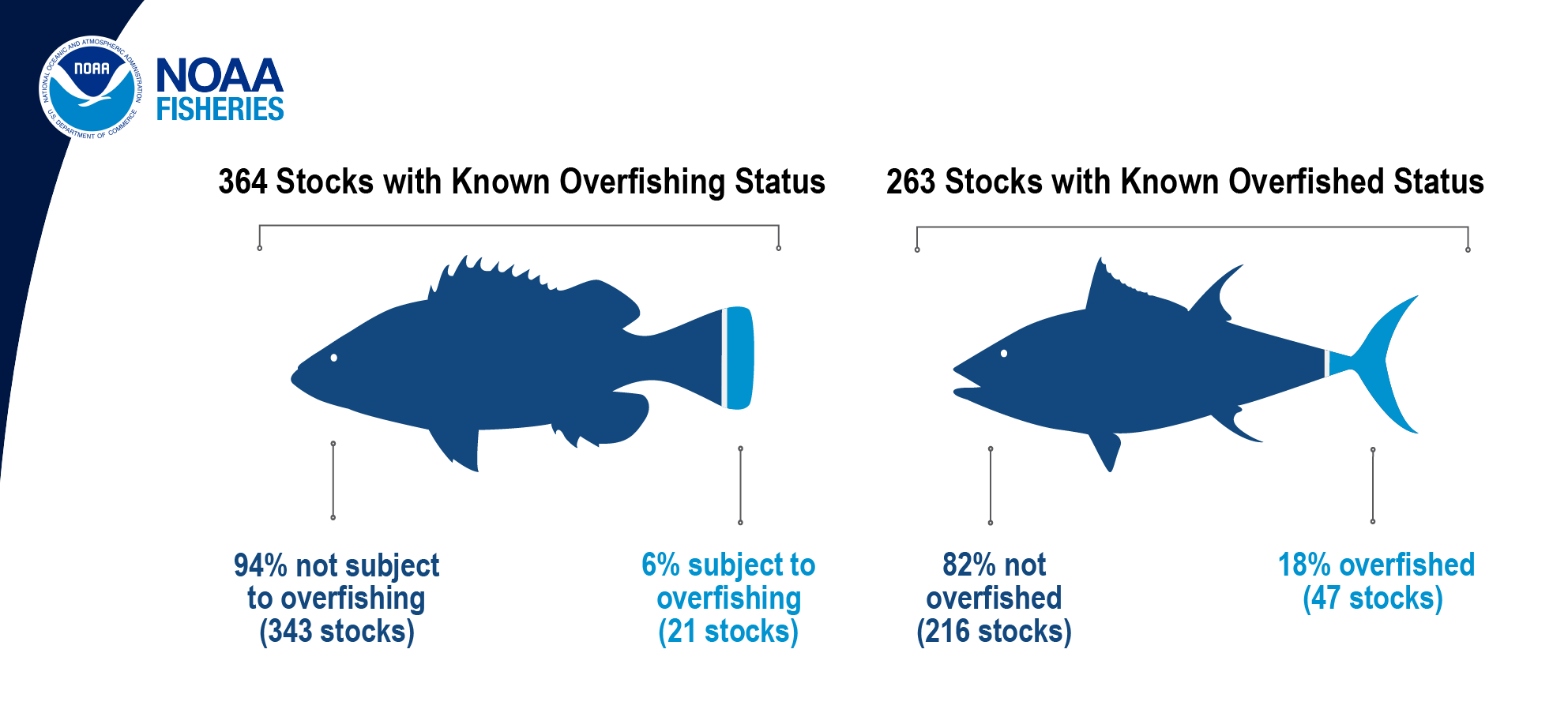 Image showing that of the more than 506 stocks and stock complexes managed by NOAA, 364 have a known overfishing status (343 not subject to overfishing and 21 subject to overfishing) and 263 have a known overfished status (216 not overfished and 47 overfished).