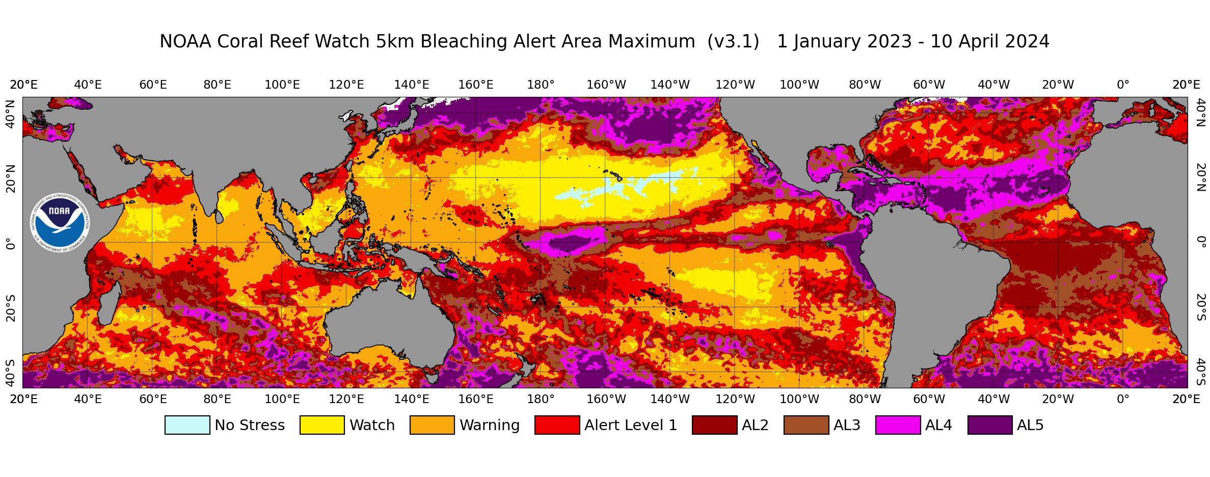 Map showing NOAA Coral Reef Watch's global 5km-resolution satellite Coral Bleaching Alert Area Maximum map, for January 1, 2023 to April 10, 2024. This figure shows the regions, around the globe, that experienced high levels of marine heat stress (Bleaching Alert Levels 2-5) that can cause reef-wide coral bleaching and mortality.