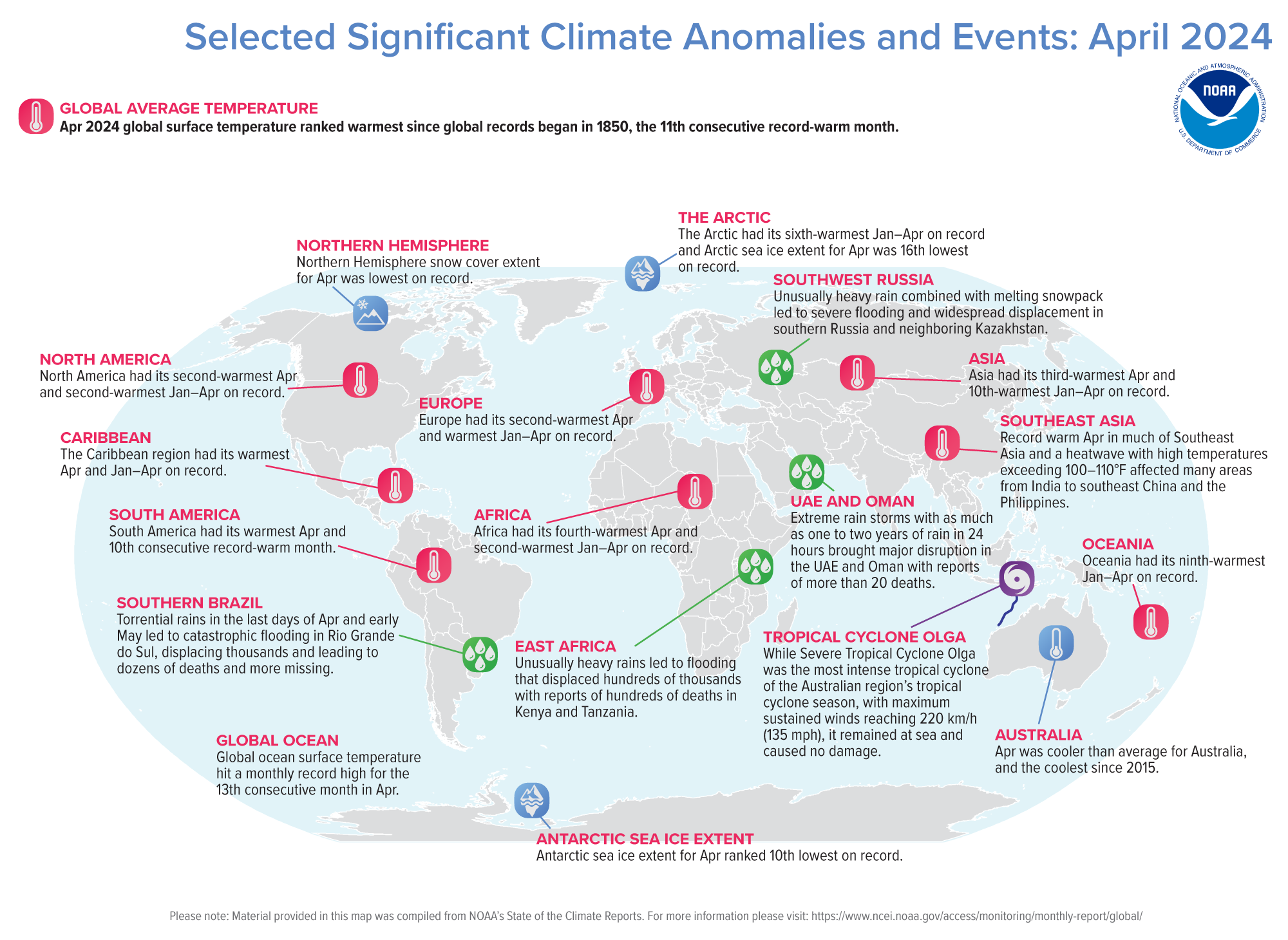 An annotated map of the world plotted with the most significant climate events of April 2024. See the story below as well as the report summary from NOAA