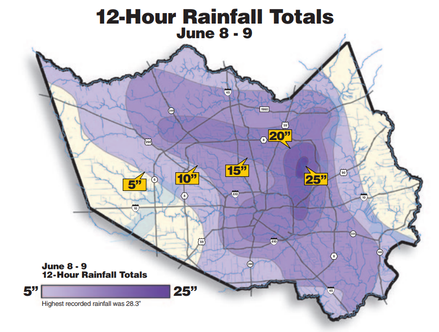 Graphic showing rainfall totals for Harris County, Texas for June 5 - 9 2001 during Tropical Storm Allison. The highest recorded rainfall during this period was 28.3 inches. Image courtesy of Tropical Storm Allison Recovery Project.