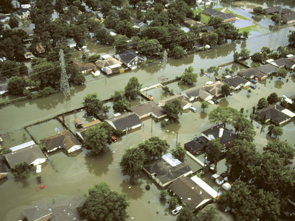 Photograph of major flooding in the Woodshadow subdivision following Tropical Storm Allison in June 2001. Houses, cars, and trees can be seen submerged in flood waters. Image courtesy of Harris County Flood Control.