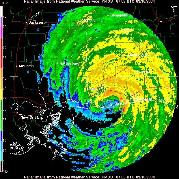 Doppler radar image of Hurricane Ivan at landfall on September 16, 2004