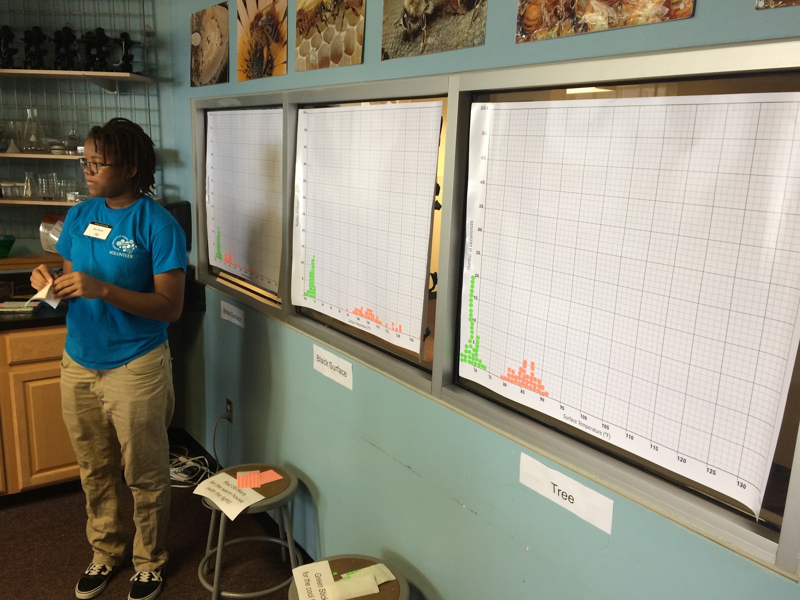 At the Science Museum of Virginia's 2018 PrepareAThon, volunteers guide guests as they collect and graph temperature readings of surfaces under a heat lamp and at room temperature. This activity helped visitors identify the underlying drivers of urban heat islands in Richmond and other US cities.
