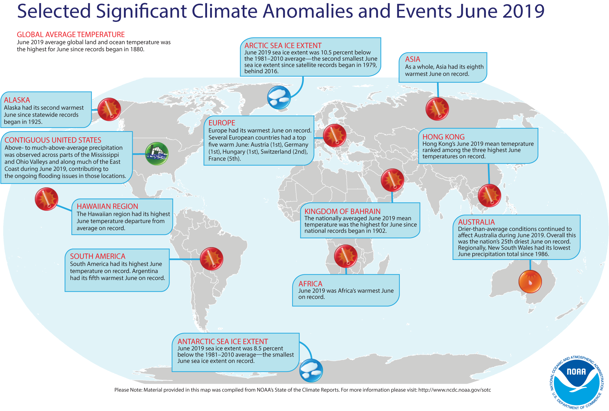 An annotated map of the world showing notable climate events that occurred around the world in June 2019. For details, see the short bulleted list below in our story and at http://bit.ly/Global201906.