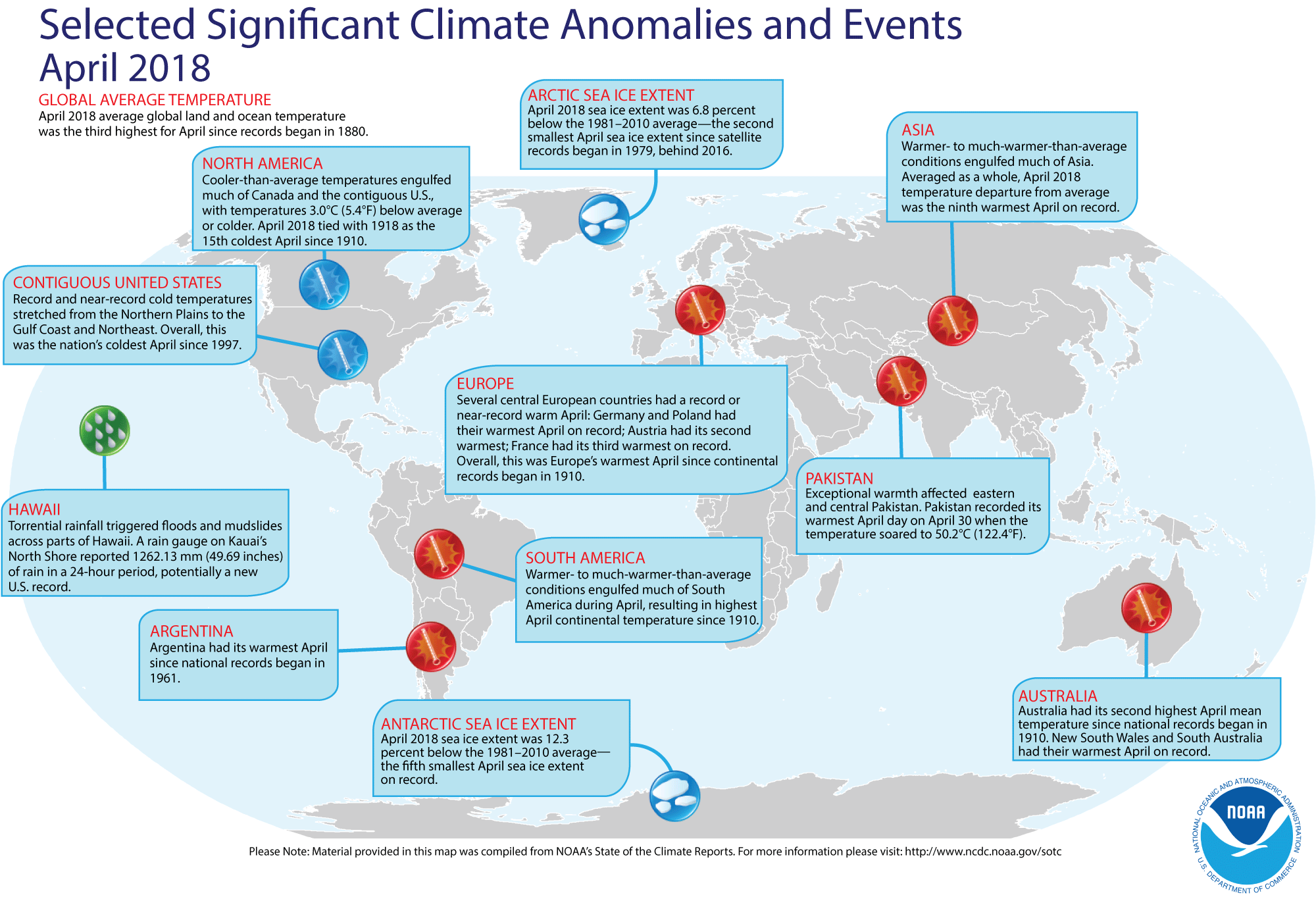 An annotated map of the world showing notable climate events that occurred during April 2018. For details, see bulleted list below in our story and also visit https://www.ncdc.noaa.gov/sotc/global/201804.