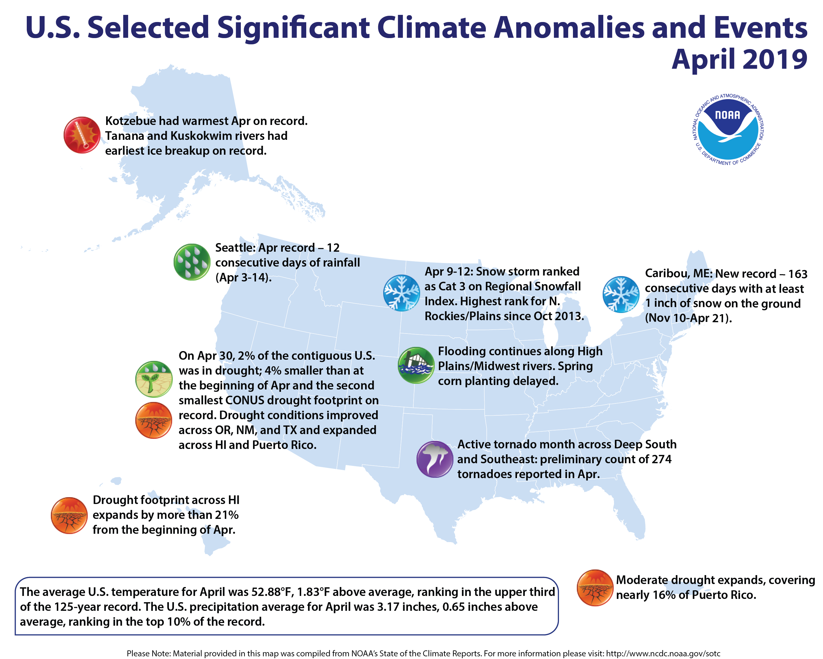 An annotated map of the United States showing notable climate events that occurred across the country during April 2019. For details, see the bulleted list below in the story and online at http://bit.ly/USClimate201904.