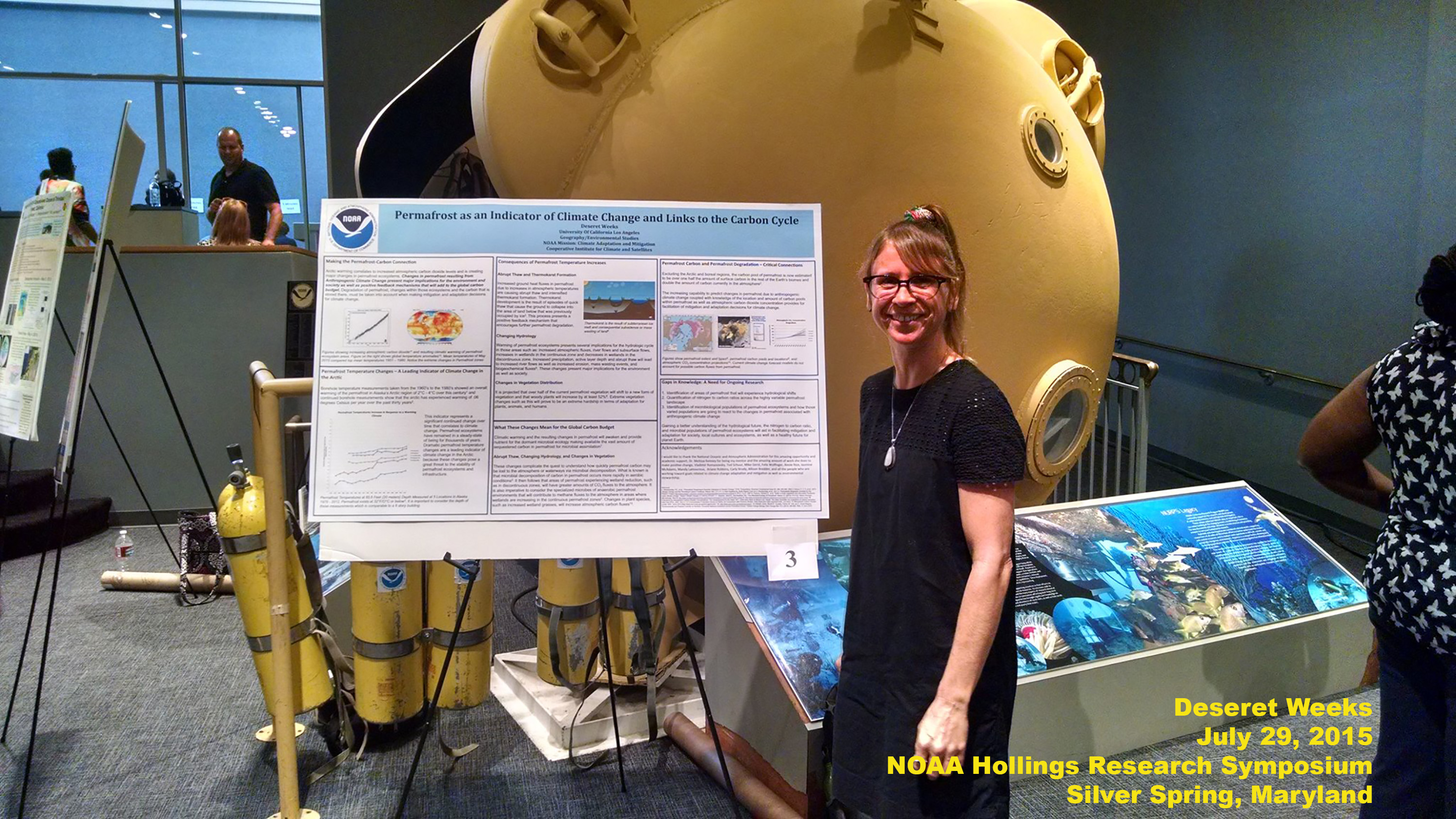 Deseret Weeks, a NOAA Hollings Scholarship alum from the class of 2014, worked with Dr. Melissa Kenney from the University of Maryland to develop indicators of climate change for the National Indicators System during her summer internship. Here she is presenting her research at the NOAA Science and Education Symposium in 2015.