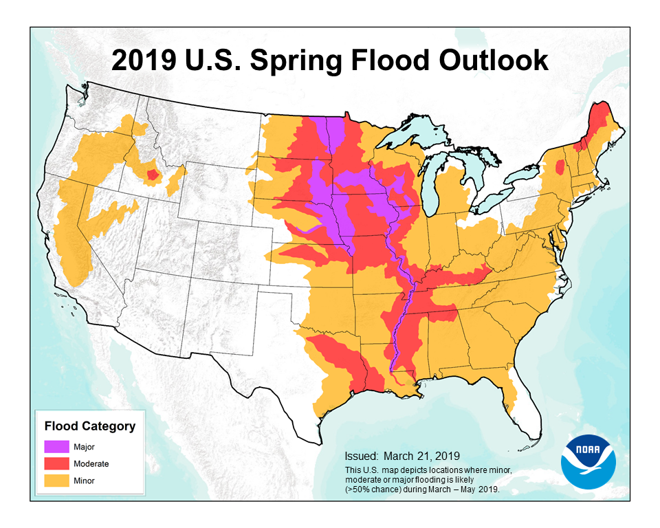 This map depicts the locations where there is a greater than 50 percent chance of major, moderate or minor flooding during March through May, 2019. 