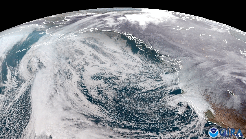NOAA's GOES-17 captured an active weather pattern in the Pacific Ocean with a storm hitting the West Coast on Feb. 9.  The storm system, which brought heavy rain and snow to the Pacific NW, Oregon and California, continues to impact the west this week. 