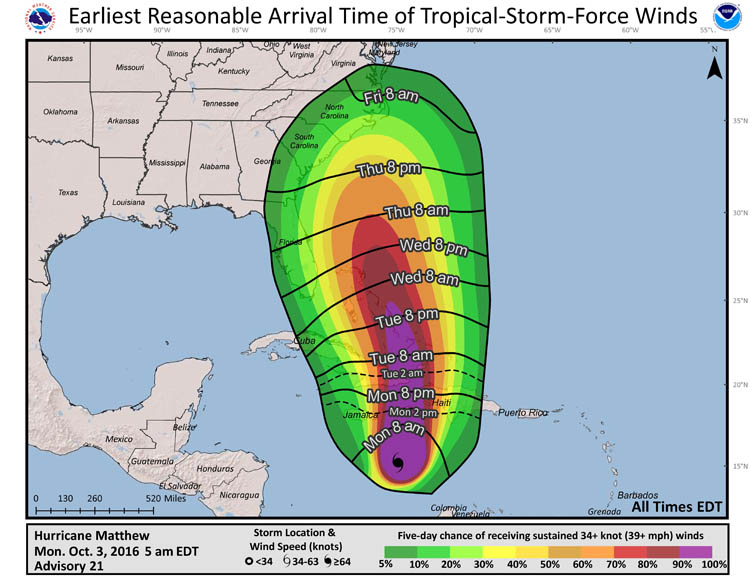 An example of NHC’s new experimental “Earliest Arrival of Tropical-Storm-Force Winds” graphic.