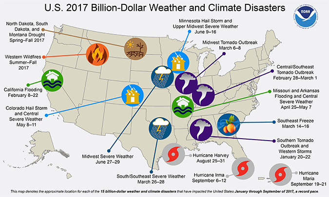 U.S. 2017 Billion-Dollar Weather and Climate Disasters Map.