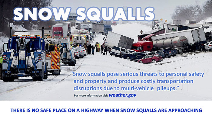 Photo showing a highway pileup of cars and trucks after a snow squall quickly passed through the area.