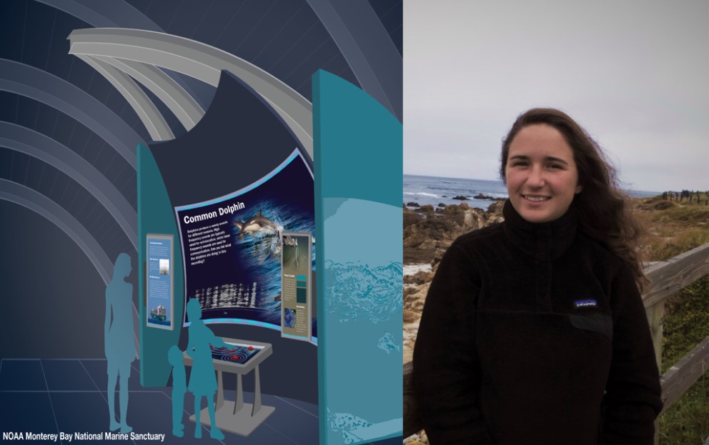 Heather Mortimer, 2016 NOAA Hollings Scholar, worked with the Monterey Bay National Marine Sanctuary to develop this conceptual drawing which shows visitors exploring sounds recorded by the Monterey Bay Aquarium Research Institute at an interactive station.