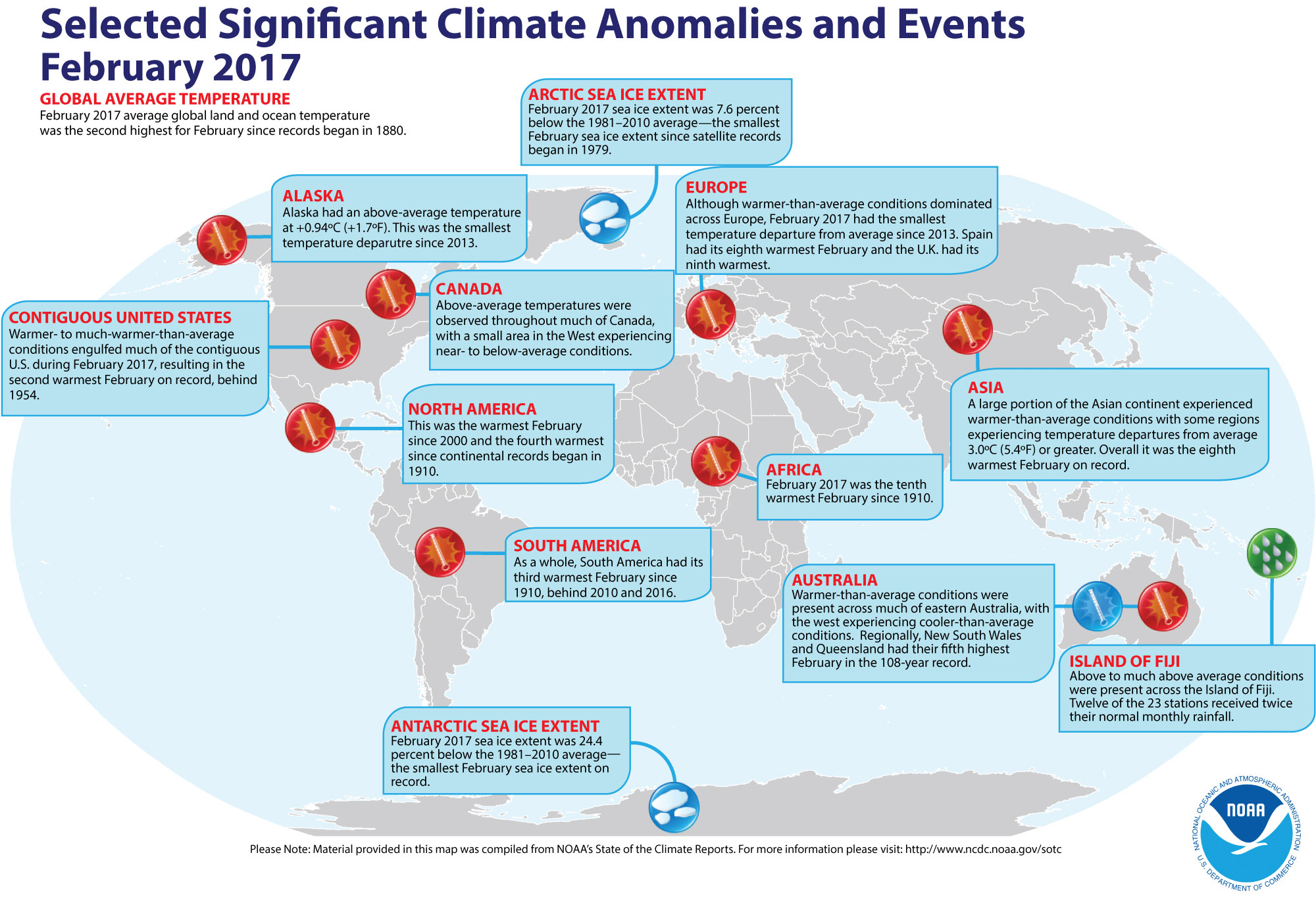 Locations of significant climate events that occurred around the world in February 2017.