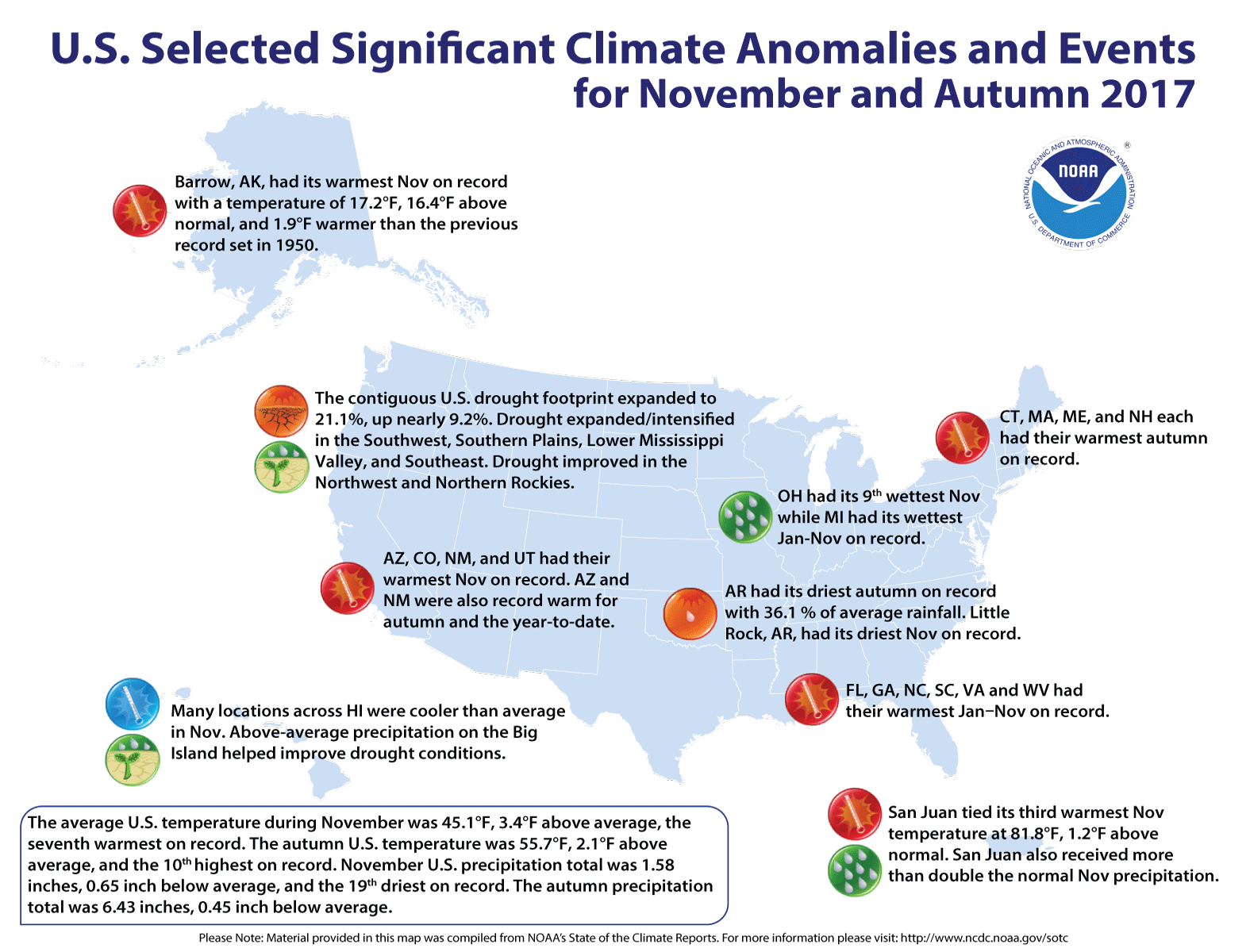 See this map of notable climate events that occurred around the U.S during November and Fall 2017.