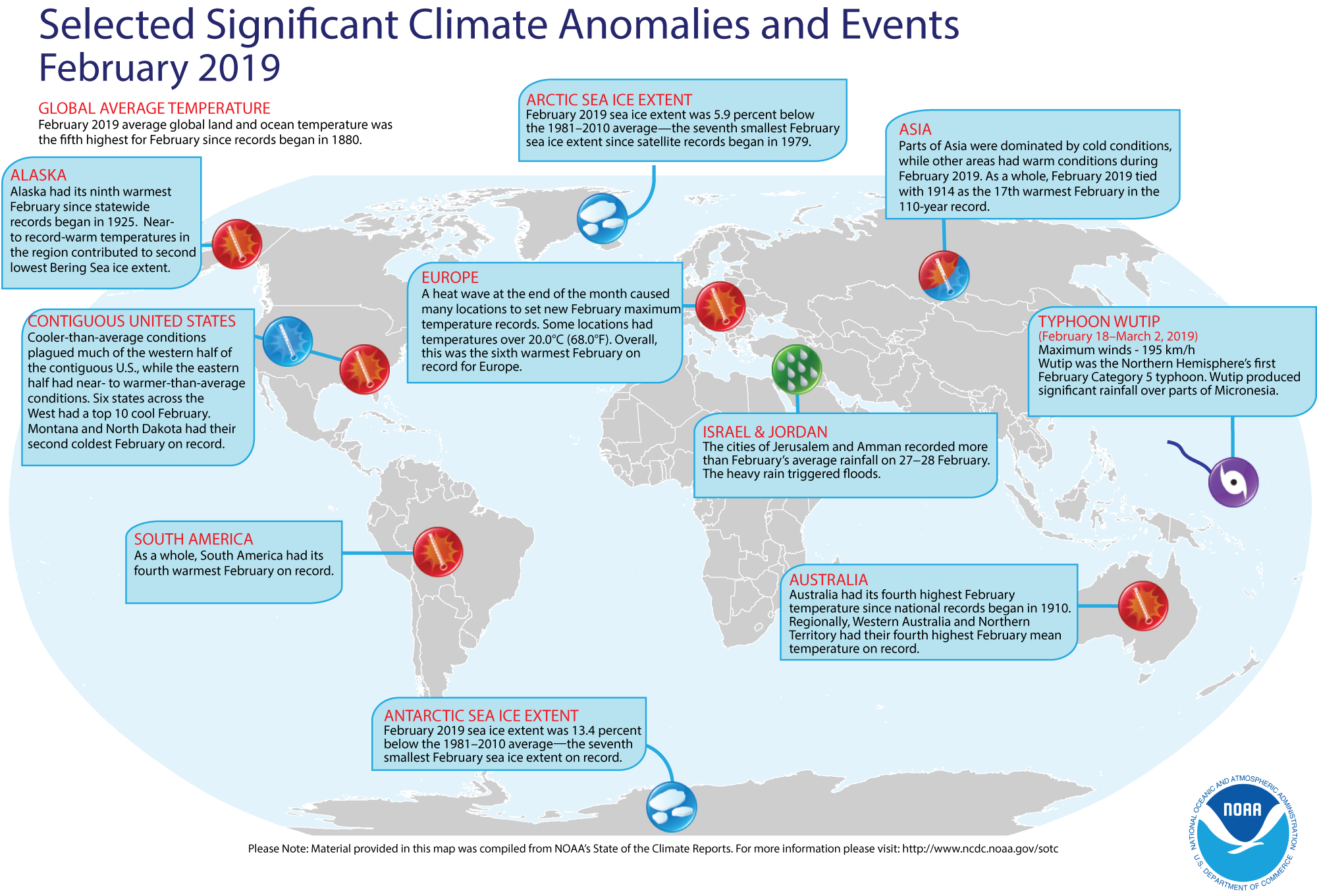 An annotated map of the world showing notable climate events that occurred in November 2018. For details, see the short bulleted list below in our story and an more details at http://www.ncdc.noaa.gov/sotc/global/2019/02.