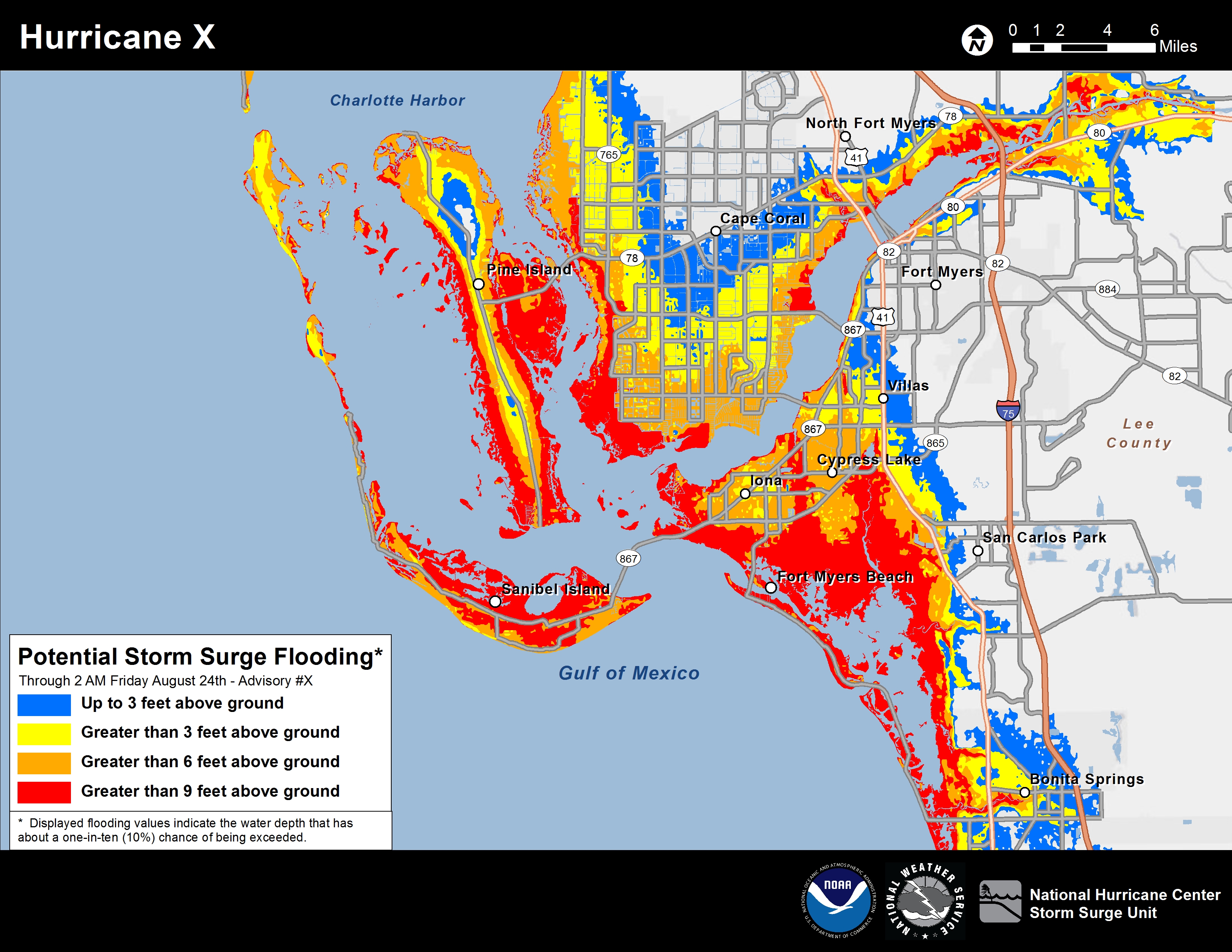 Potential coast storm surge flooding map for Southwest Florida. 