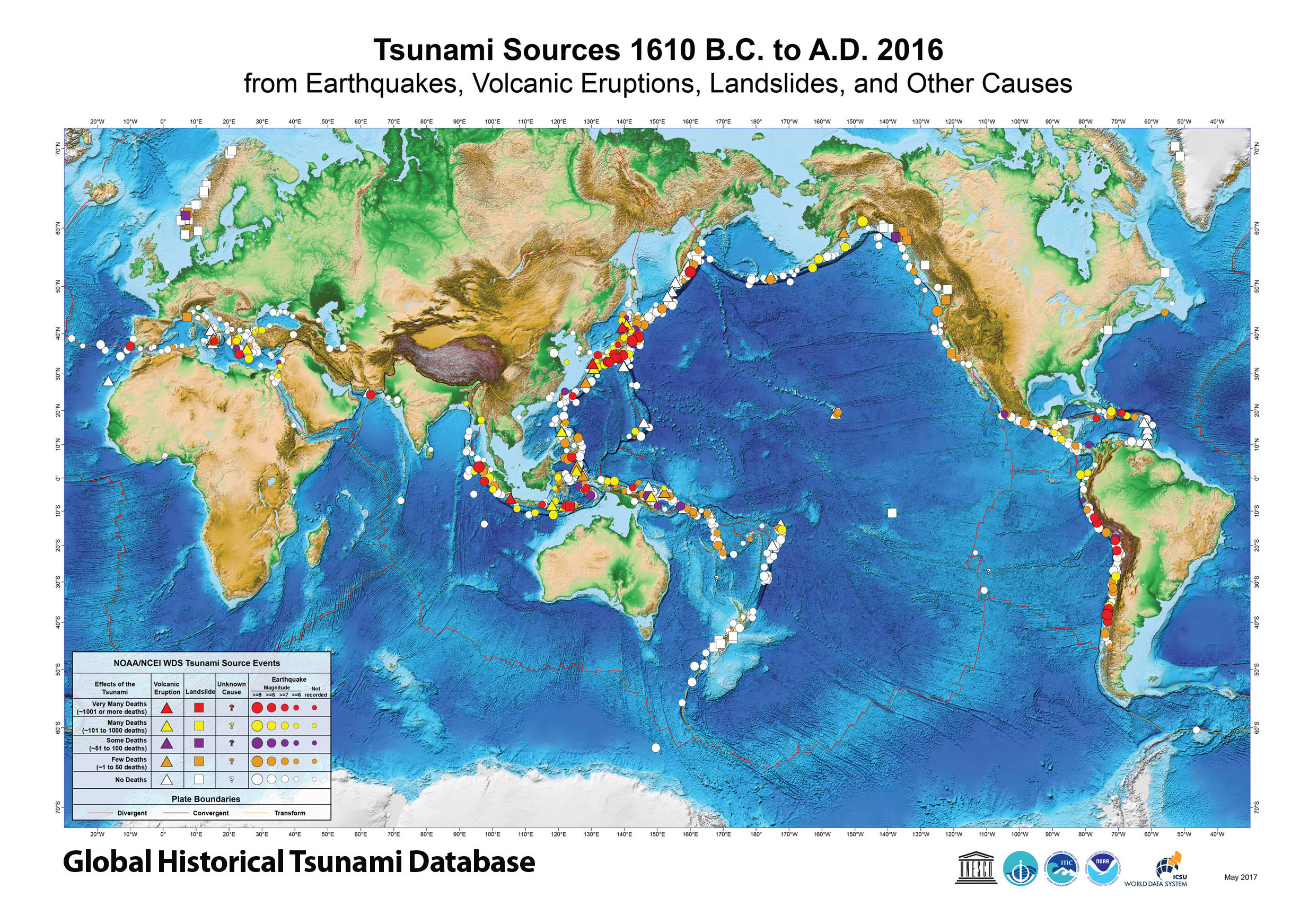 Tsunami Sources 1610 B.C. to A.D. 2016. from earthquakes, volcanic eruptions, landslides and other causes.