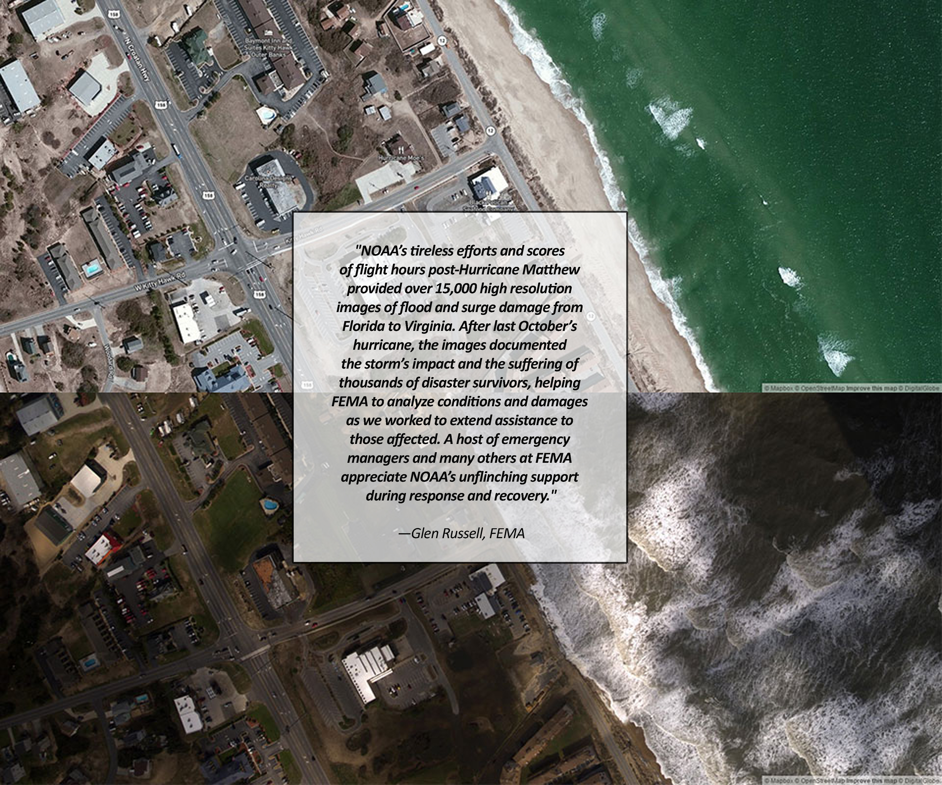 (Top) Aerial image captured in Kitty Hawk, North Carolina before Hurricane Matthew struck in October 2016. Credit: Mapbox. (Bottom) Aerial image used to assess the heavy damage. 