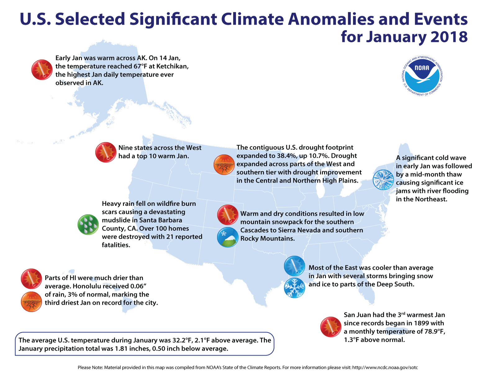 An annotated map of the United States showing other climate events that occurred in January 2018. For details, see bulleted list below in our story and also visit http://www.ncdc.noaa.gov/sotc/summary-info/national/201801.
