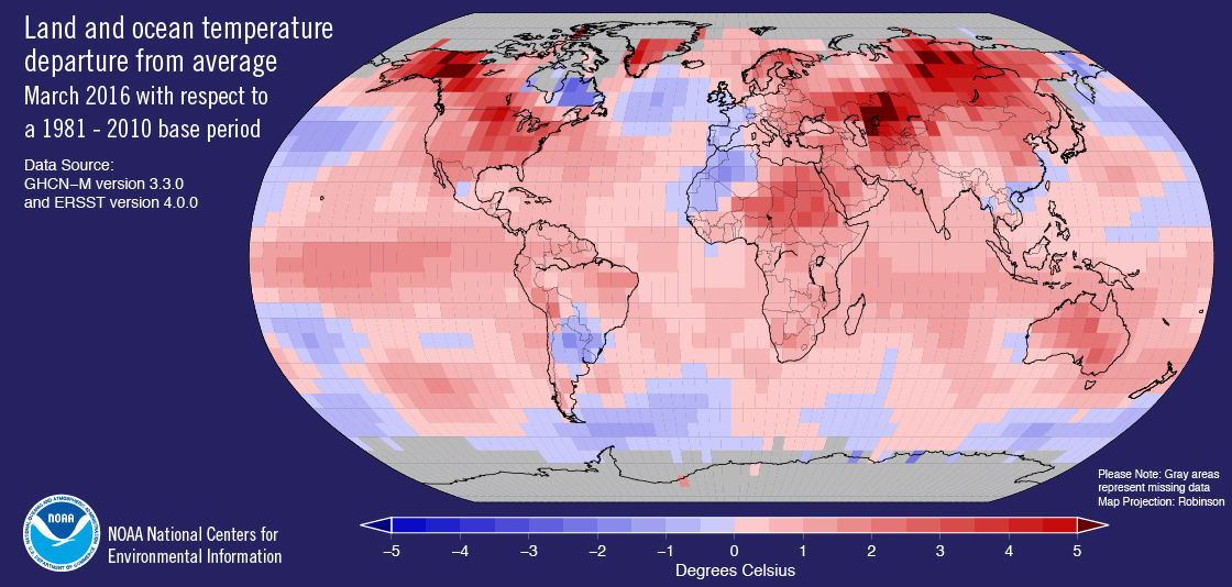 Map: Land and ocean temperature departure from average for March 2016, 