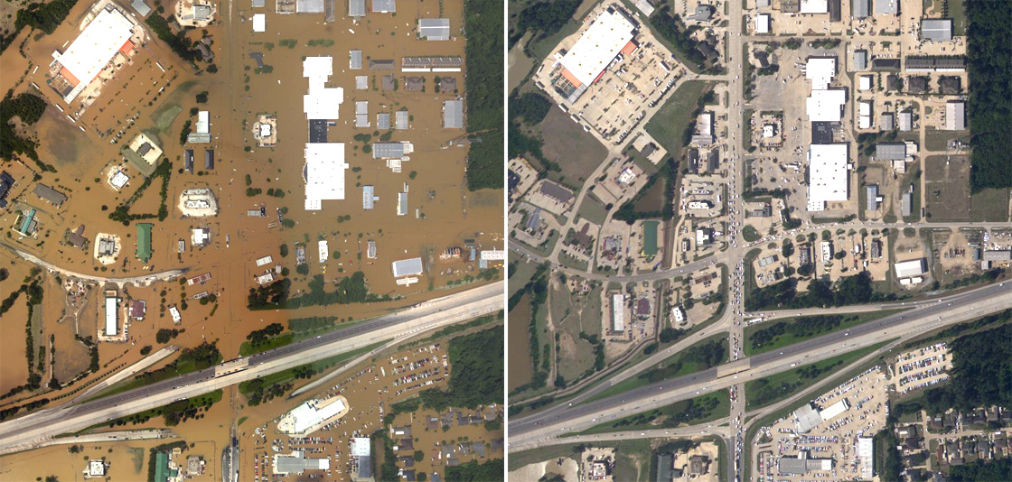 Aerial photo on the left of Denham Springs, Louisiana at the height of the flooding on August 15, 2016, collected by NOAA’s National Geodetic Survey at sites identified by NOAA’s National Weather Service and the Federal Emergency Management Agency. The photo on the right was taken three days later when flood waters had receded. 