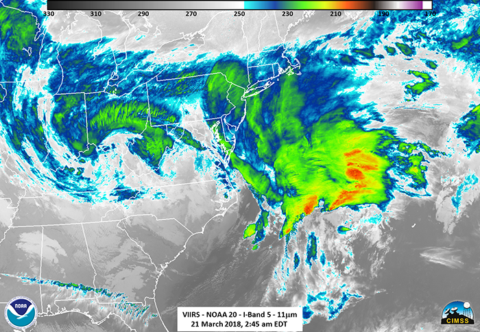 NOAA-20 caught this image of the fourth Nor'easter to batter the East Coast during the past winter on March 21.