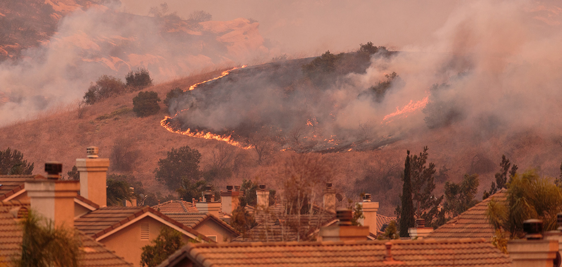 A view of spreading flames from the wildfire in Anaheim Hills, Orange County, California. October 2017.