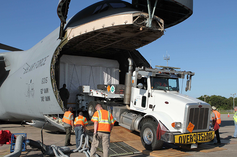 After unloading the satellite from the aircraft, it is transported to a specially equipped storage facility, where workers will unwrap it, inspect and prepare it for launch. NOAA’s revolutionary GOES-R satellite will enable meteorologists to issue more accurate and timely forecasts and warnings to help save lives and protect communities.