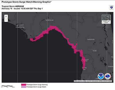 A Storm Surge Warning for the Florida Gulf Coast on Sept 1st. 