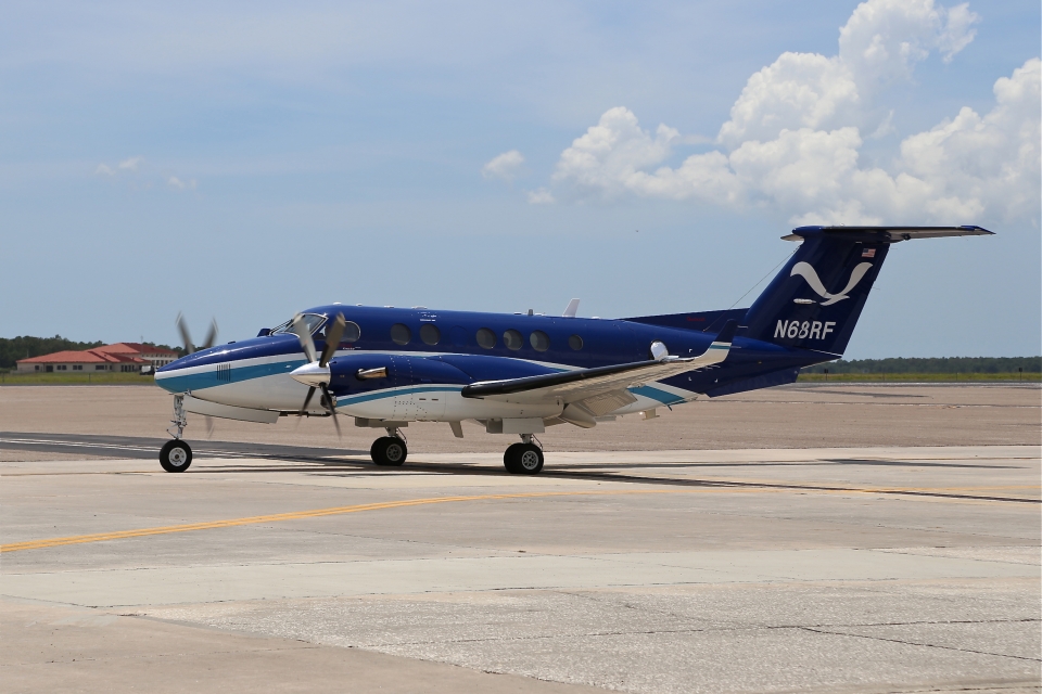 NOAA's Beechcraft King Air 350CER (N68RF) prepares for takeoff at MacDill AFB in Tampa, Florida.