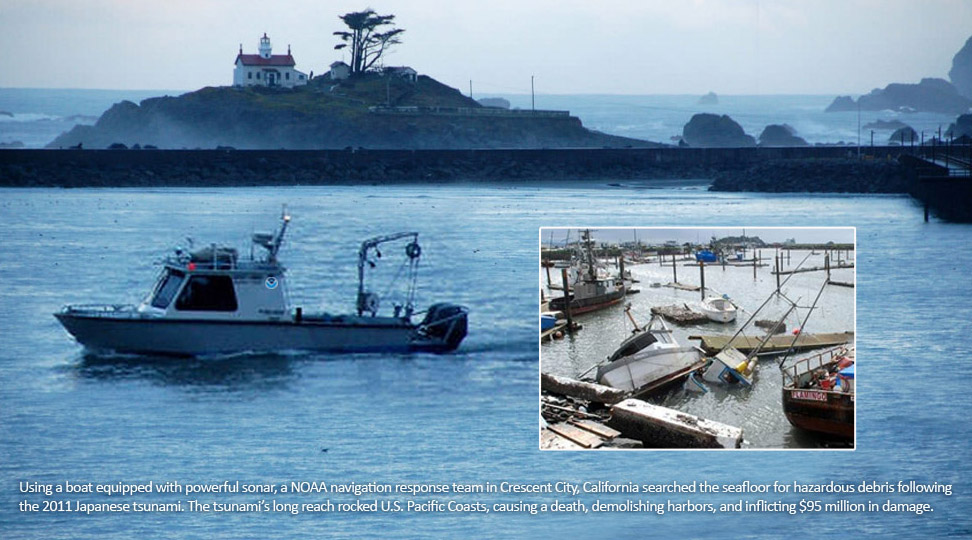 Using a boat equipped with powerful sonar, a NOAA navigation response team in Crescent City, California searched the seafloor for hazardous debris following 
the 2011 Japanese tsunami. The tsunami’s long reach rocked U.S. Pacific Coasts, causing a death, demolishing harbors, and inflicting $95 million in damage.  