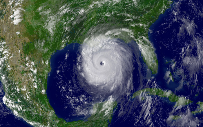NOAA satellite image for larger view of Hurricane Katrina taken Aug. 28, 2005, as the storm’s outer bands lashed the Gulf Coast of the United States a day before making landfall.