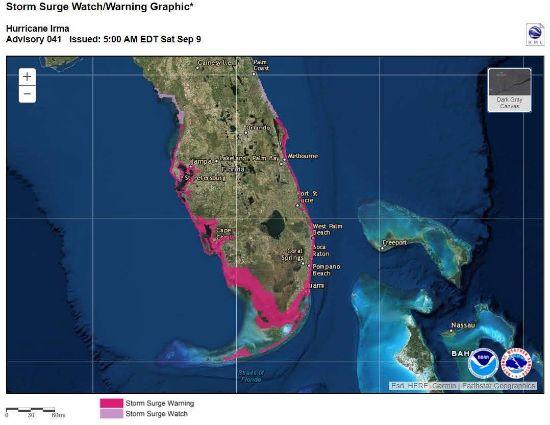 Hurricane Irma storm surge graphic issued for Florida on Sept. 9, 2017