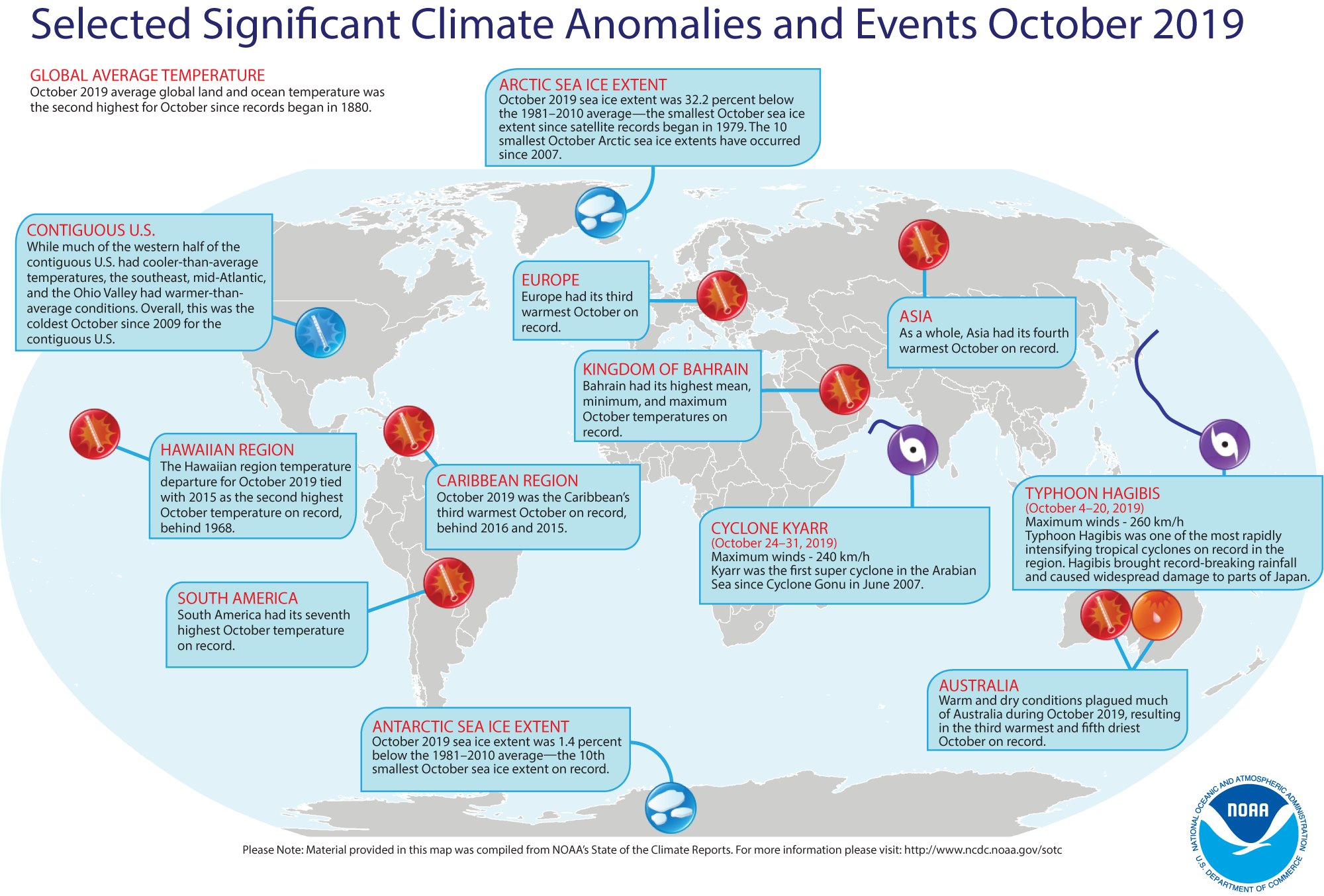 An annotated map showing notable climate events that occurred around the world in October 2019. For details, see the short bulleted list below in our story and at http://bit.ly/Global201910